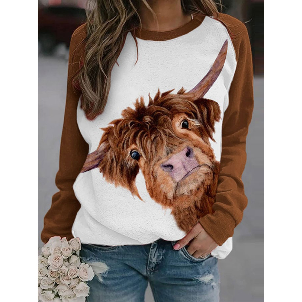 Western Cow Print Long Sleeve Casual Sweatshirt