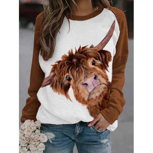 Western Cow Print Long Sleeve Casual Sweatshirt