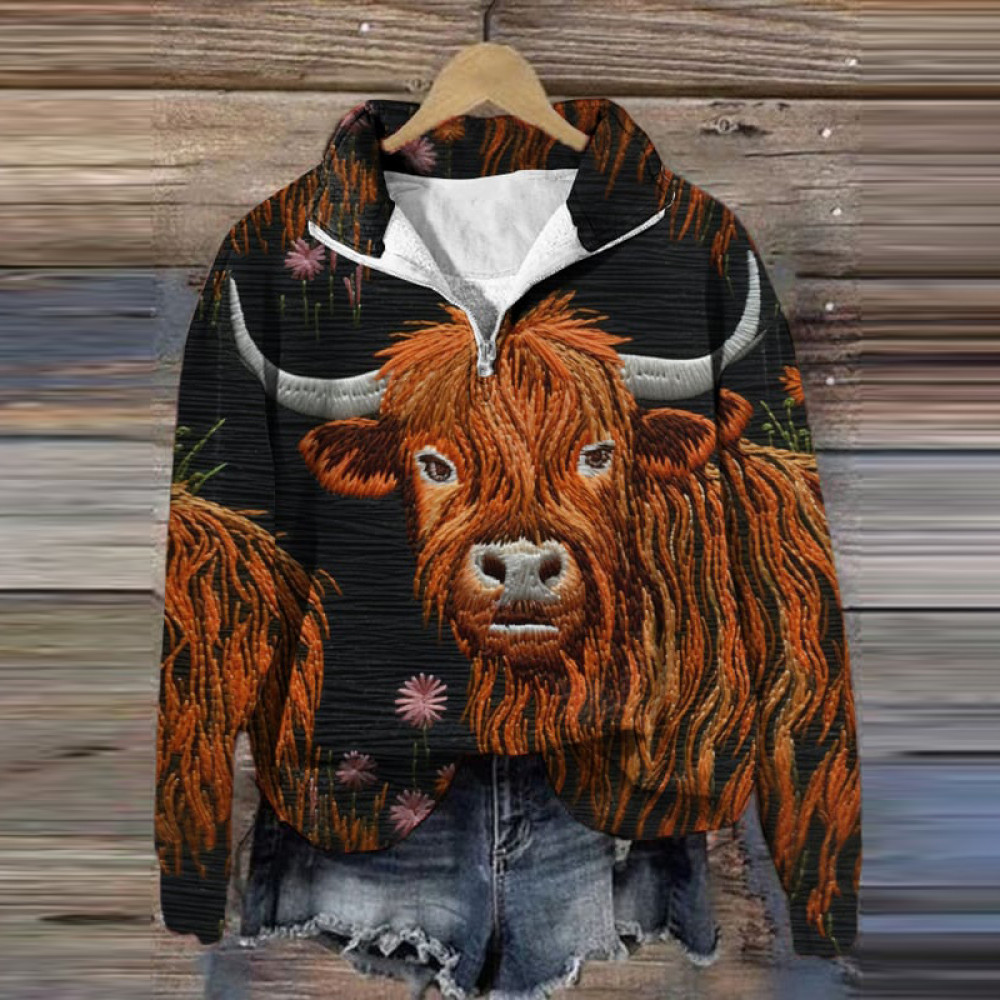 Western Cow Print V-Neck Zipper Sweatshirt