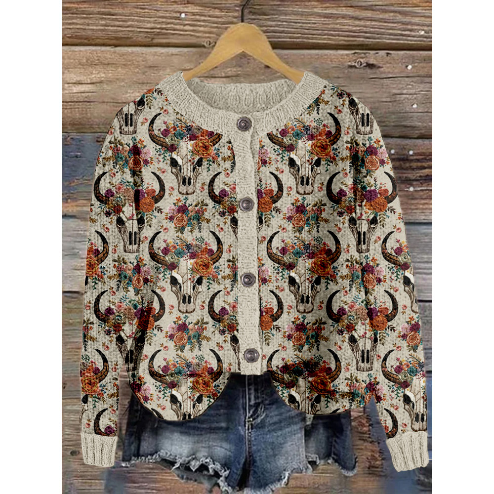 Western Floral Skull Embroidery Art Cozy Knit Cardigan