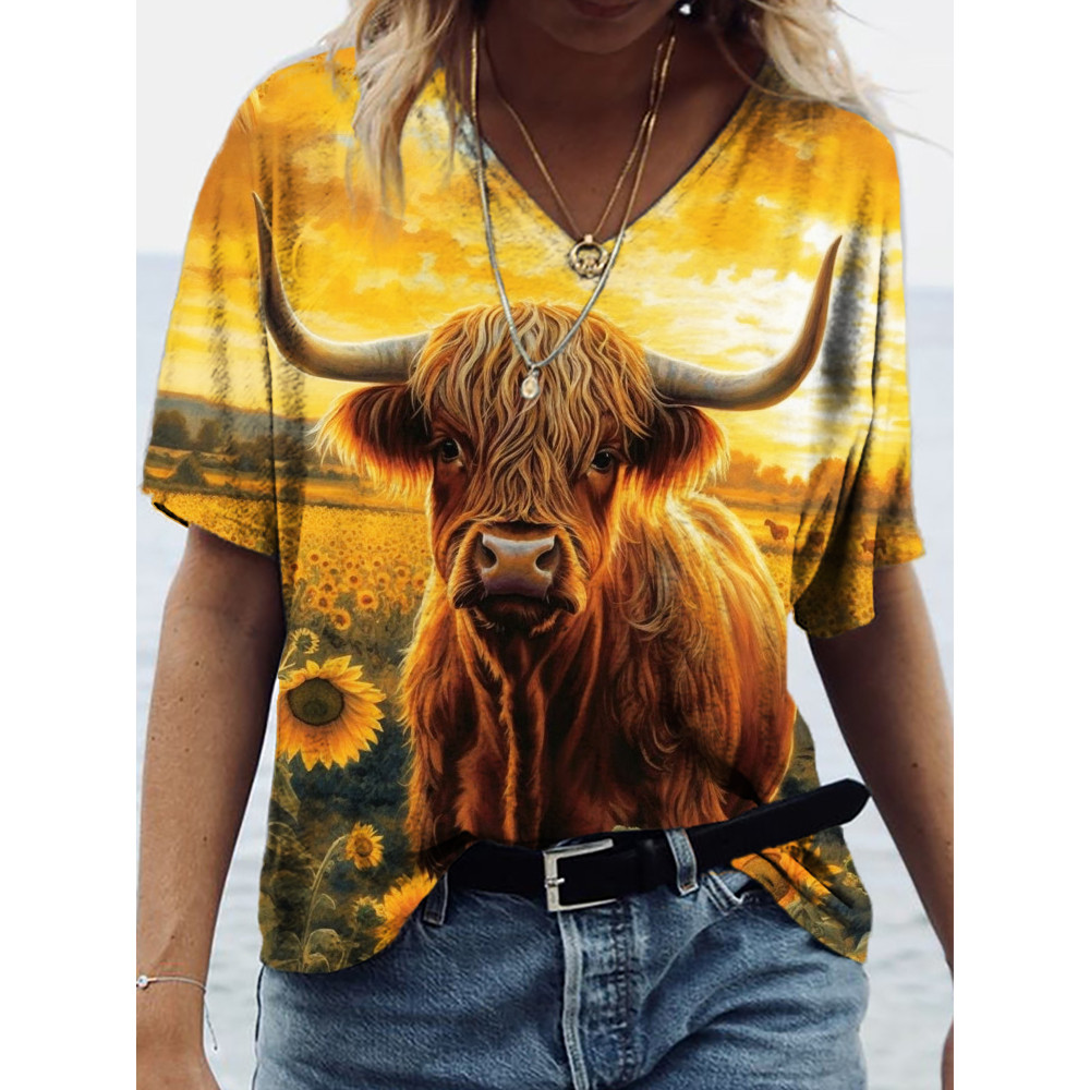 Western Highland Cow And Sunflower V Neck T Shirt