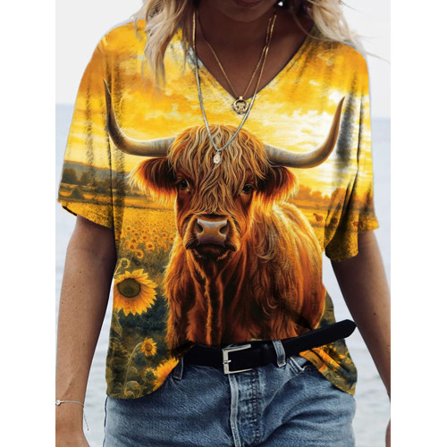 Western Highland Cow And Sunflower V Neck T Shirt