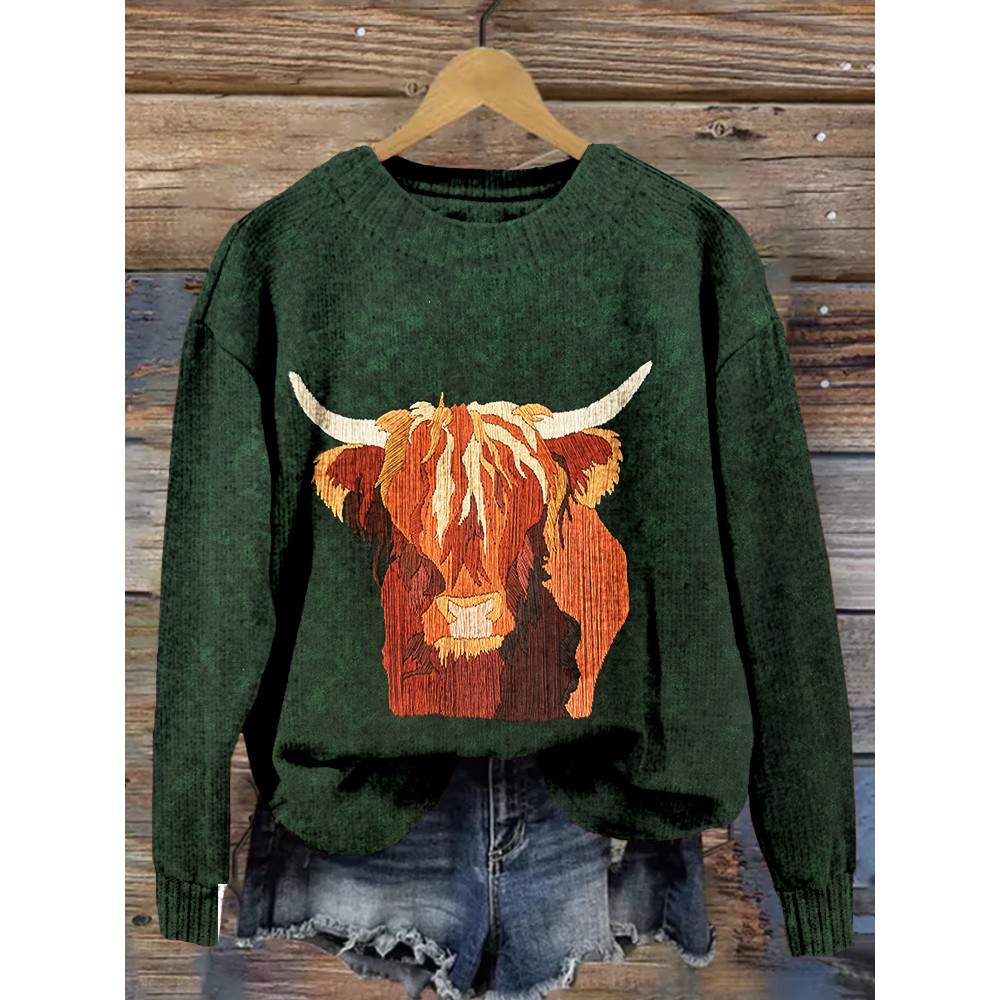 Western Highland Cow Embroidery Pattern CozyKnit Sweater