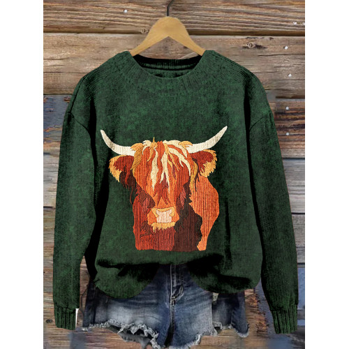 Western Highland Cow Embroidery Pattern CozyKnit Sweater