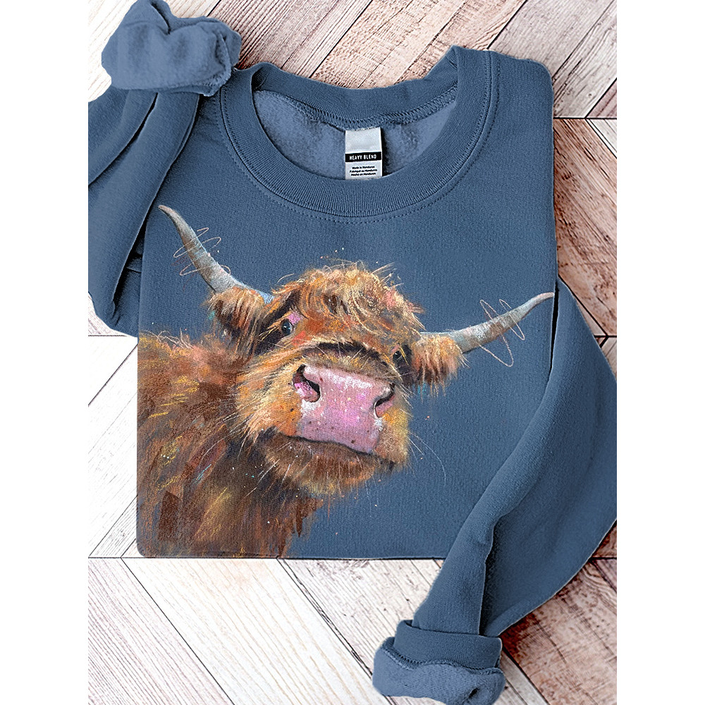 Western Highland Cow Print Casual Vintage Sweatshirt