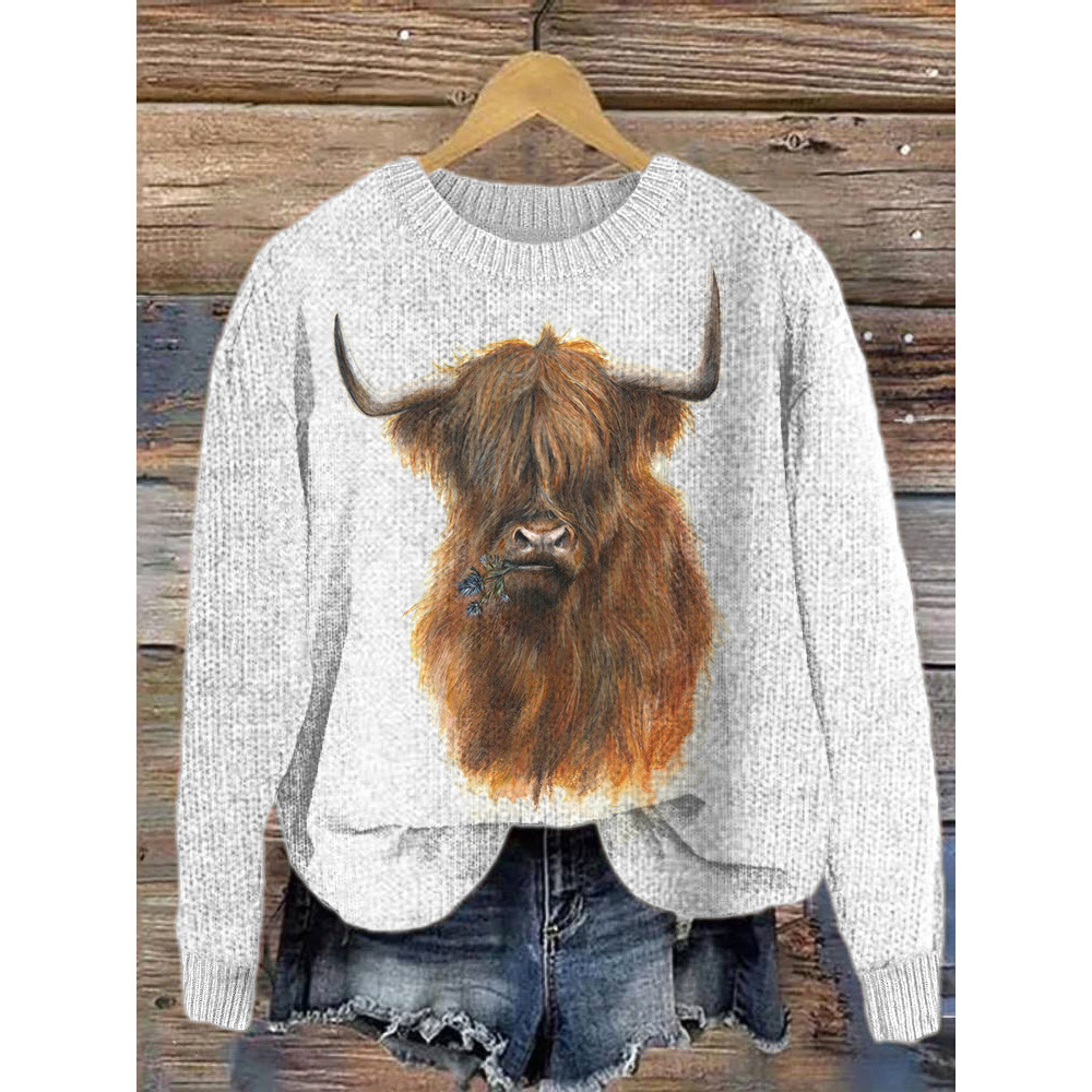 Western Highland Cow Vintage Casual Cozy Knit Sweater