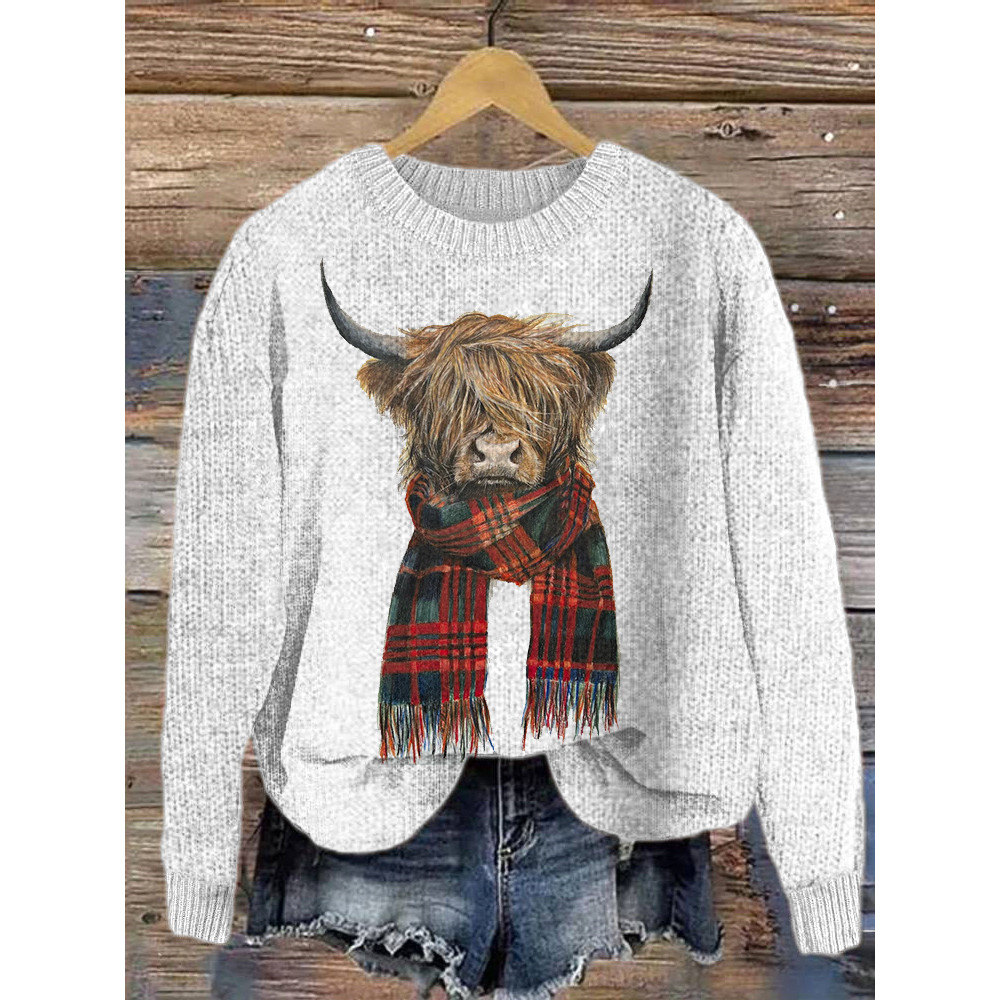 Western Highland Cow & Plaid Cozy Knit Sweater