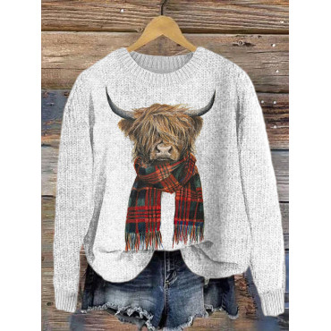 Western Highland Cow & Plaid Cozy Knit Sweater