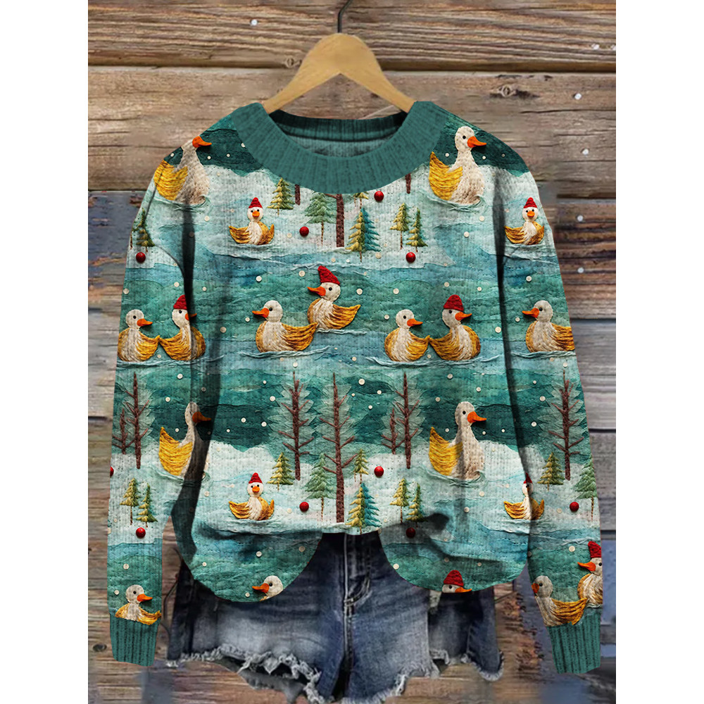 Winter Ducks Embroidery Pattern Comfy Knit Sweater