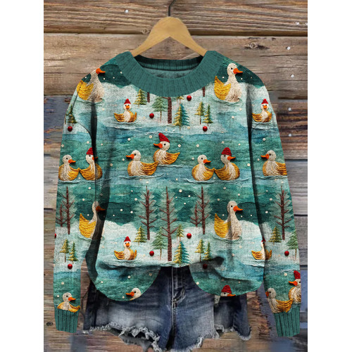 Winter Ducks Embroidery Pattern Comfy Knit Sweater