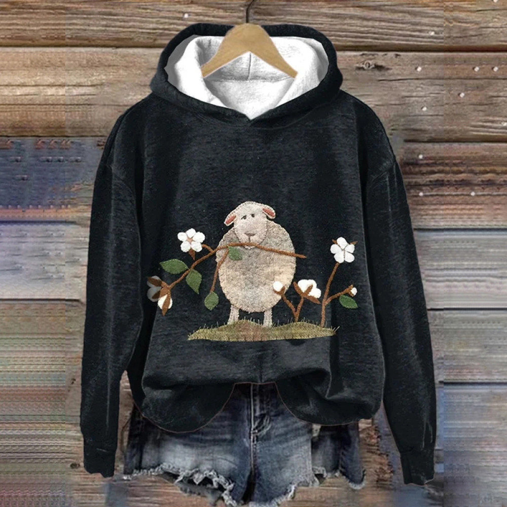 Women's Animal Sheep And Floral Art Casual Print Hoodie