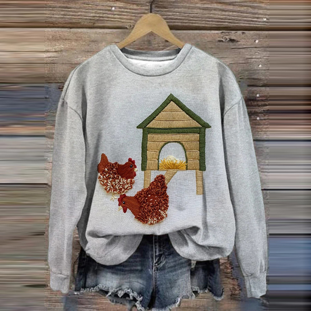 Women's Chicken Farm Print Long Sleeve Sweatshirt