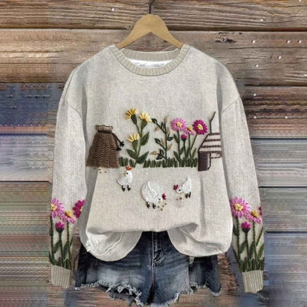 Women's Chicken Print Round Neck Sweatshirt