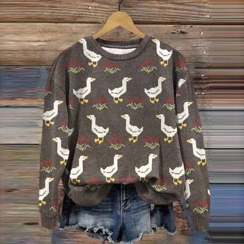 Women's Cute Little Flower Duck Print Casual Sweatshirt