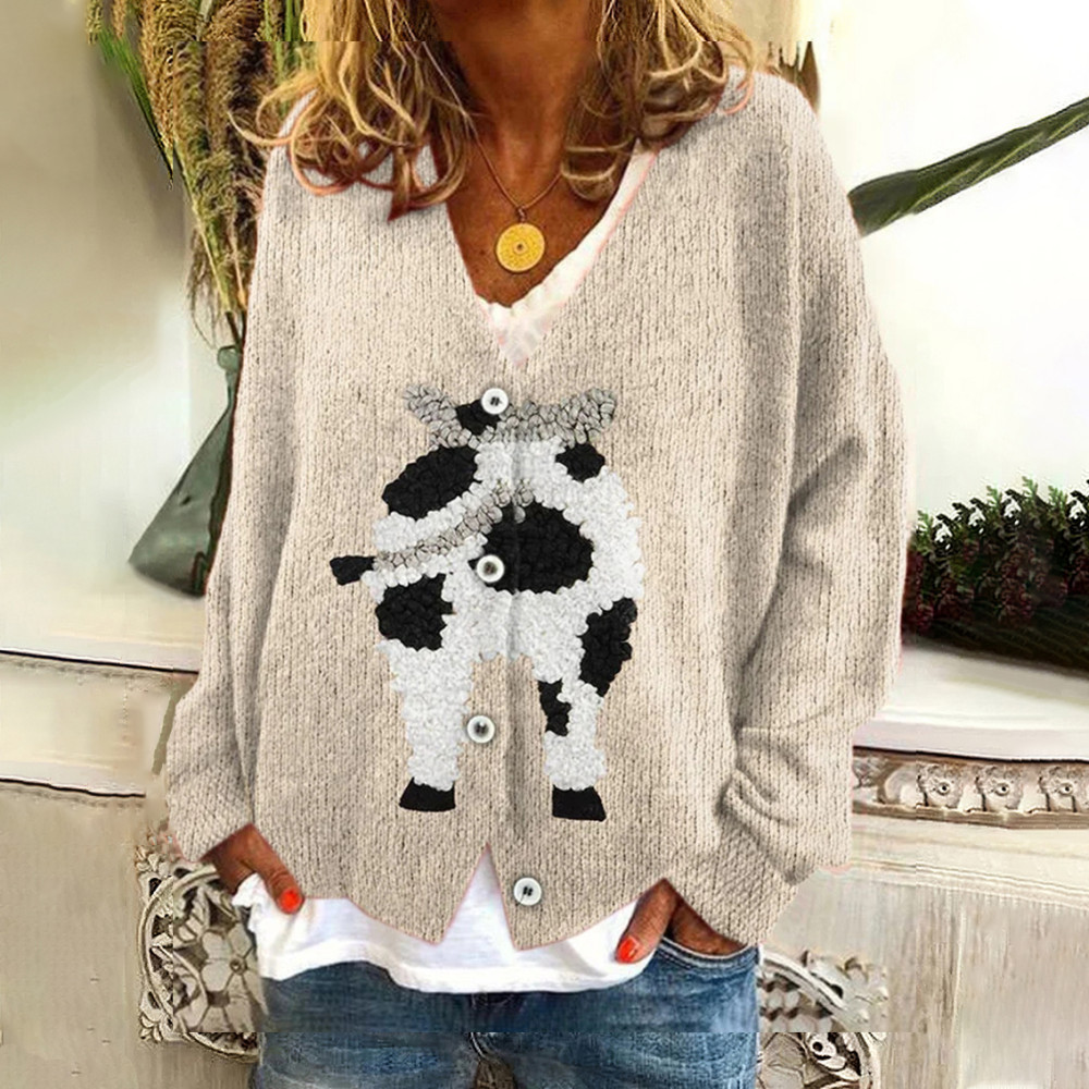 Women's Cute Plush Cow Graphic Print Long Sleeve Cardigan