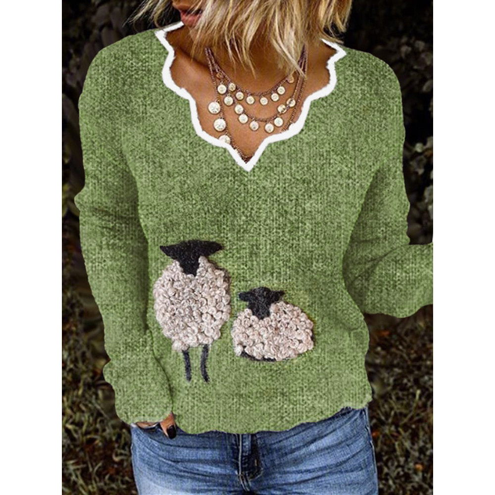 Women's Cute Plush Sheep French Cashmere Print V-Neck Cozy Knit Sweater