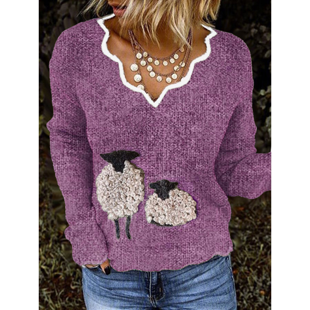 Women's Cute Plush Sheep French Cashmere Print V-Neck Cozy Knit Sweater