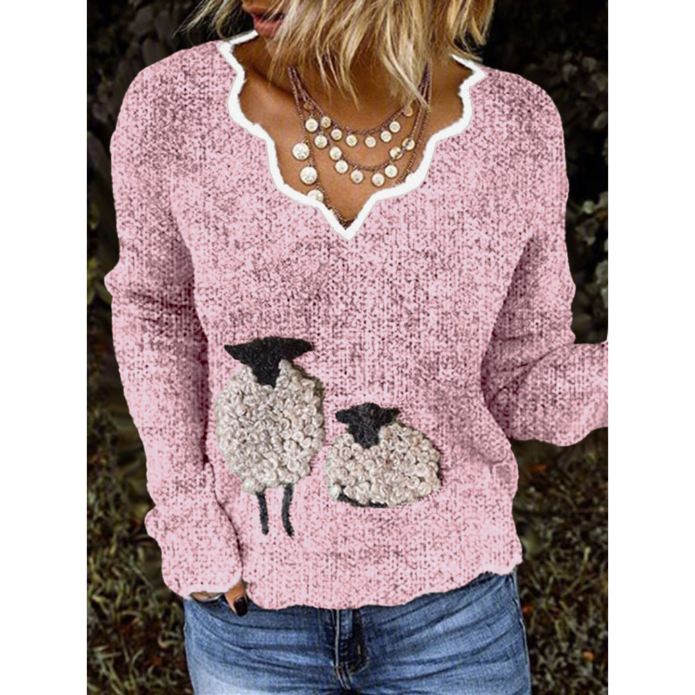 Women's Cute Plush Sheep French Cashmere Print V-Neck Cozy Knit Sweater