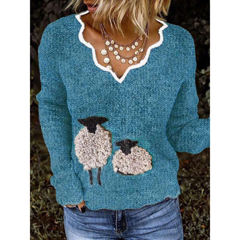Women's Cute Plush Sheep French Cashmere Print V-Neck Cozy Knit Sweater
