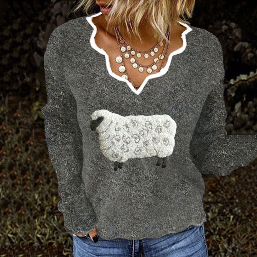 Women's Cute Plush Sheep Pattern French Cashmere Print V-Neck Cozy Knit Sweater