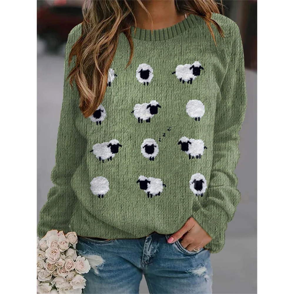 Women's Cute Plush Sheep Pattern Print Crew Neck Pullover