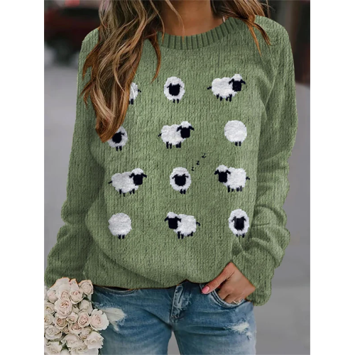 Women's Cute Plush Sheep Pattern Print Crew Neck Pullover