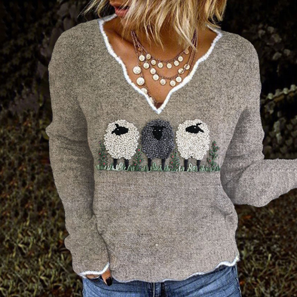 Women's Cute Plush Sheep Print French Cashmere Print V-Neck Cozy Knit Sweater