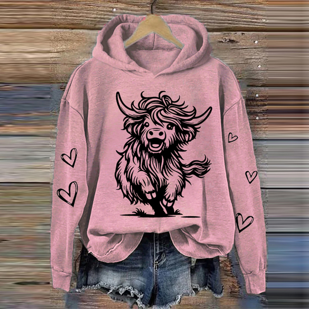 Women's  Cute Running Highland Cow Casual Hoodie