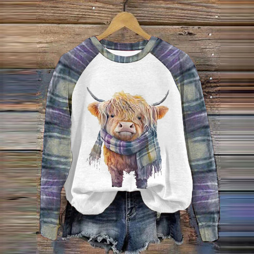 Women's Cute Watercolor Highland Cow In Scarf Print Casual Sweatshirt