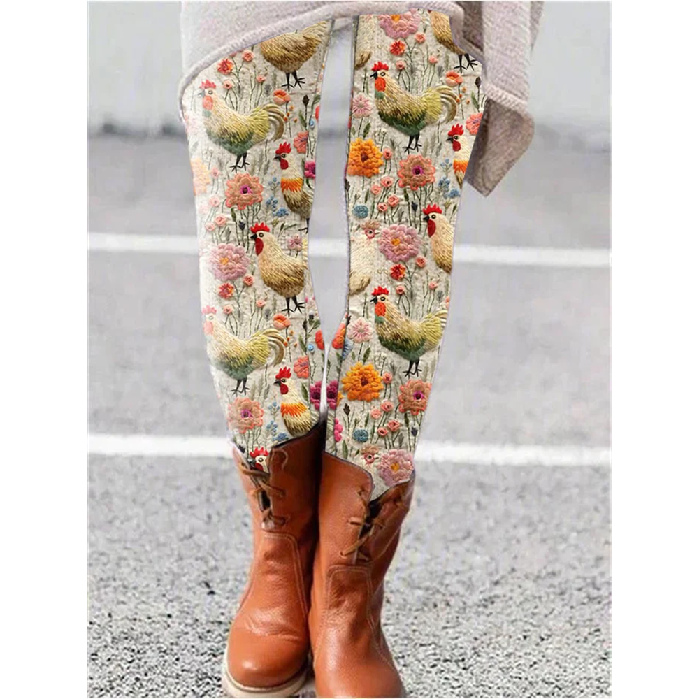Women's Farm Chicken And Floral Print Leggings