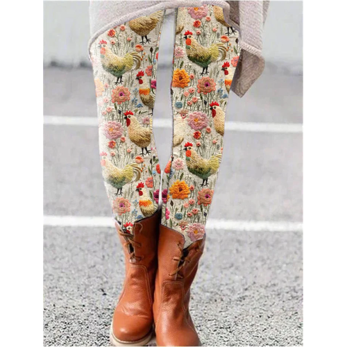 Women's Farm Chicken And Floral Print Leggings