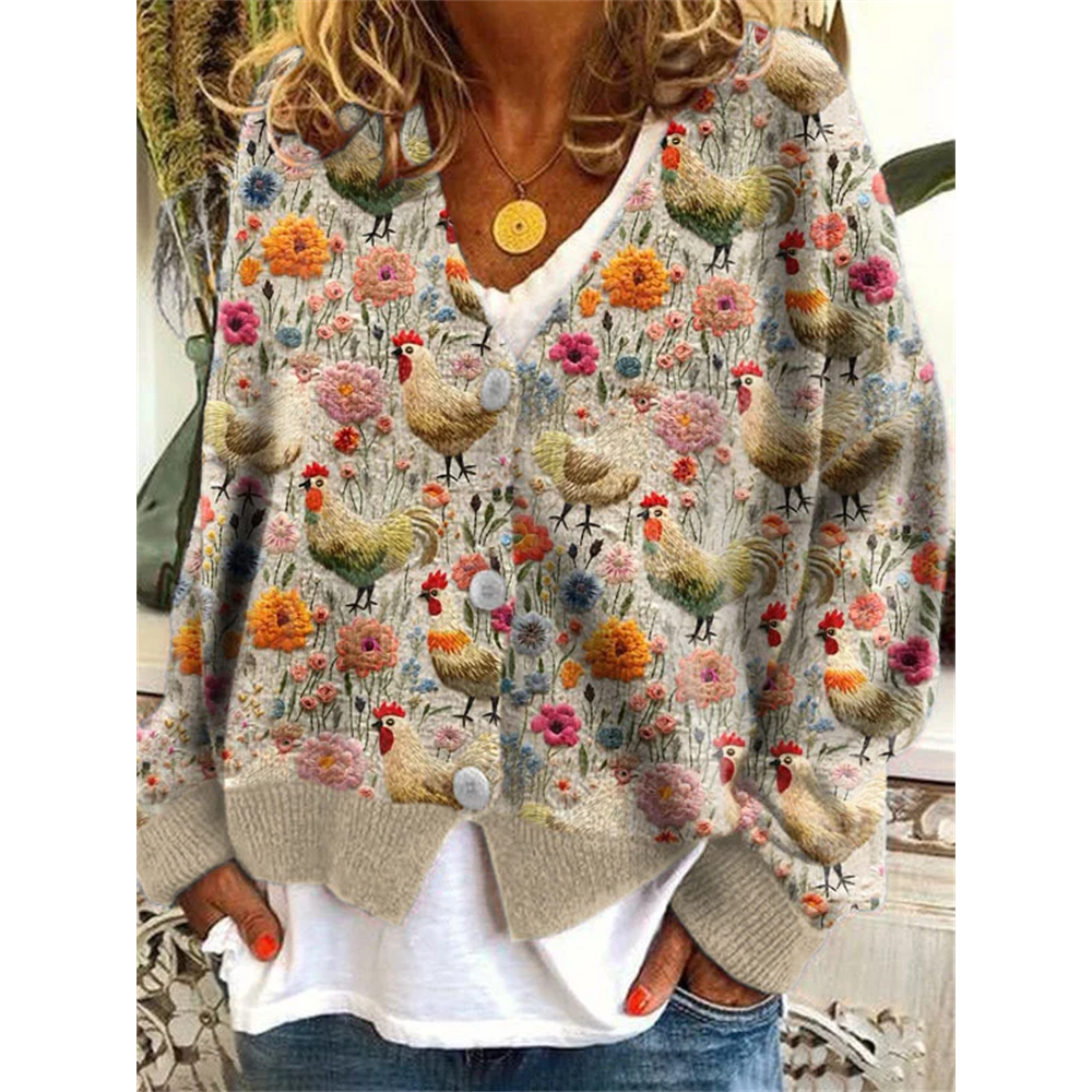 Women's Farm Chicken And Floral Print Long Sleeve Cardigan