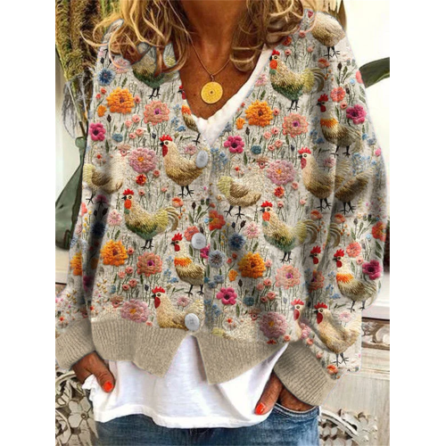 Women's Farm Chicken And Floral Print Long Sleeve Cardigan