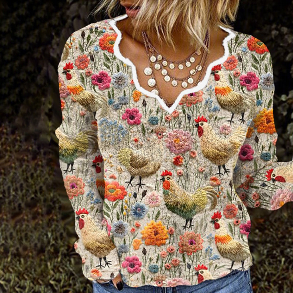 Women's  Floral Chick Pattern French Cashmere Print V-Neck Cozy Knit Sweater