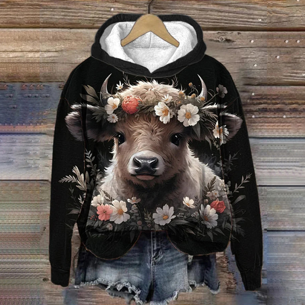 Women's Floral Highland Cow Print Casual Hooded Sweatshirt