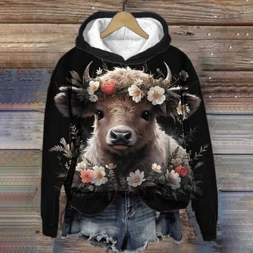 Women's Floral Highland Cow Print Casual Hooded Sweatshirt