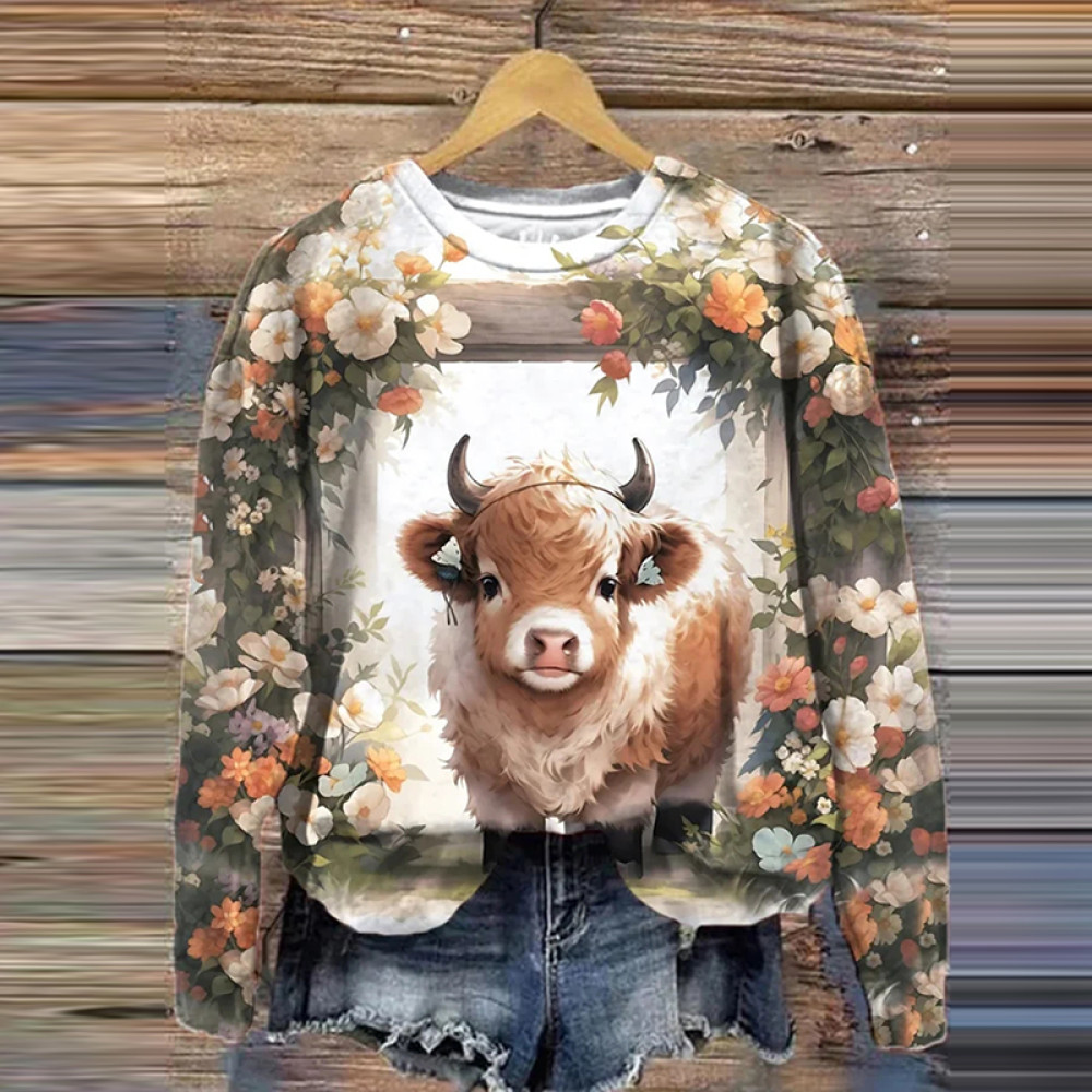 Women's Floral Highland Cow Print Casual Sweatshirt