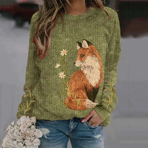 Women's Fox Print Round Neck Casual Sweatshirt