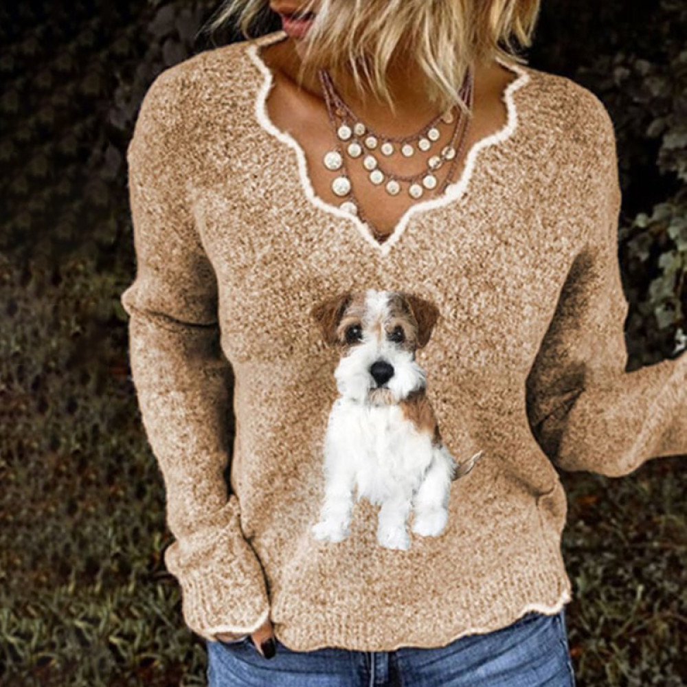 Women's Fuzzy Dog Print V-Neck Cozy Knit Sweater