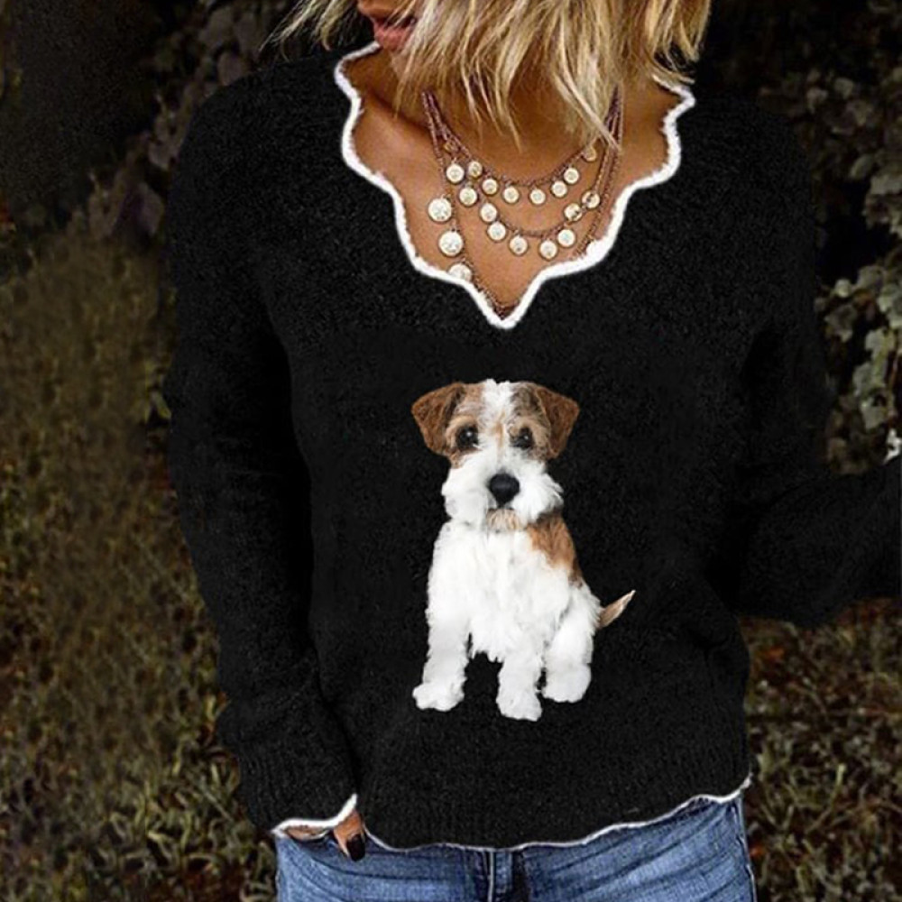 Women's Fuzzy Dog Print V-Neck Cozy Knit Sweater