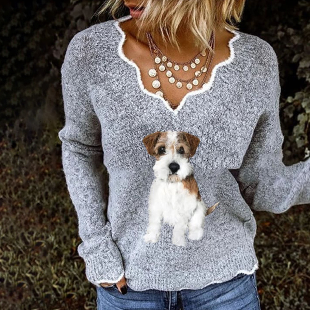 Women's Fuzzy Dog Print V-Neck Cozy Knit Sweater