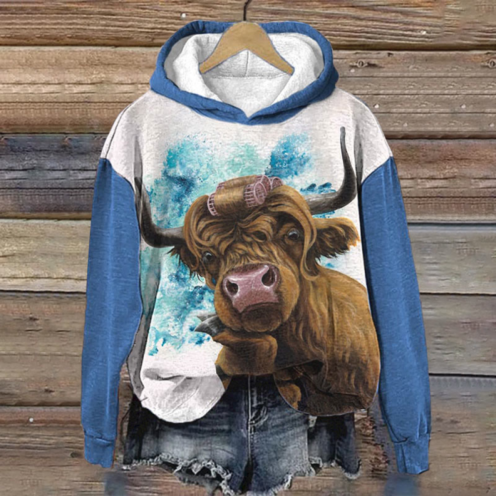 Women's Highland Cow Print Casual Hooded Sweatshirt