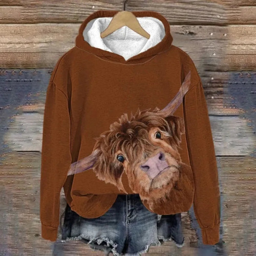Women's Highland Cow Print Casual Hooded Sweatshirt