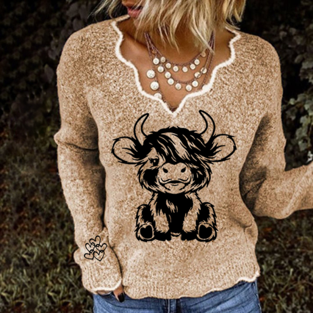 Women's Highland Cow Print French Cashmere Print V-Neck Cozy Knit Sweater
