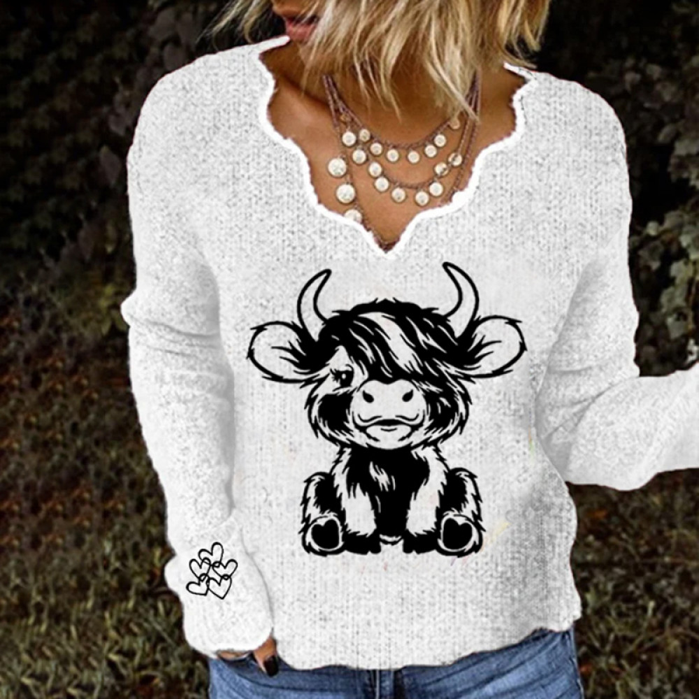 Women's Highland Cow Print French Cashmere Print V-Neck Cozy Knit Sweater