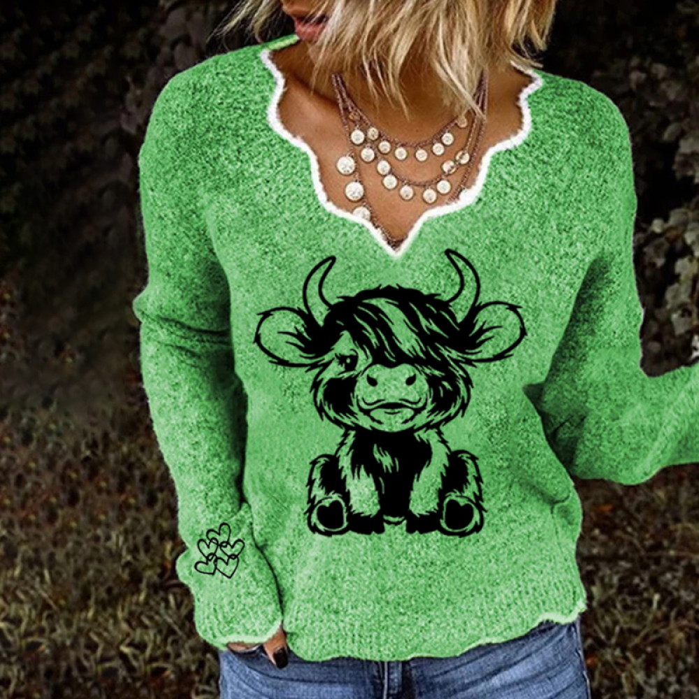 Women's Highland Cow Print French Cashmere Print V-Neck Cozy Knit Sweater