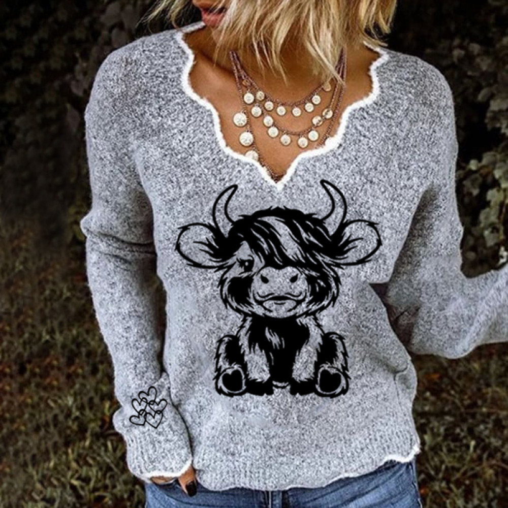 Women's Highland Cow Print French Cashmere Print V-Neck Cozy Knit Sweater