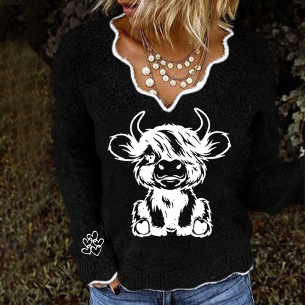 Women's Highland Cow Print French Cashmere Print V-Neck Cozy Knit Sweater