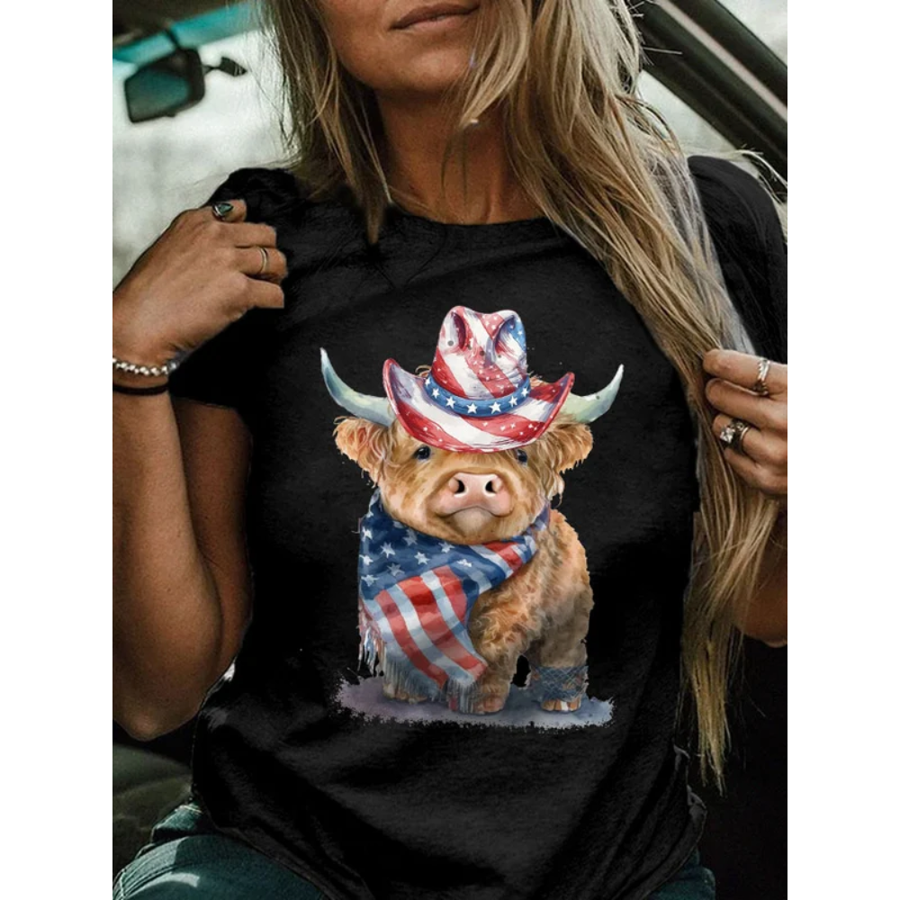 Women's Highland Cow USA Flag Print Crew Neck T-Shirt