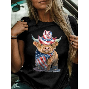 Women's Highland Cow USA Flag Print Crew Neck T-Shirt